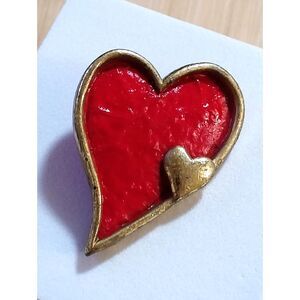 Vintage Wooden Big Red Heart Pin with Little Gold Tone Heart Accent and Trim